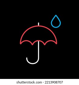 Umbrella and rain drops isolated vector icon on black background. Meteorology sign. Graph symbol for travel, tourism and weather web site and apps design, logo, app, UI
