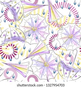 Umbrella and rain drops seamless pattern. Summer trendy  background for prints and fabrics. Watercolor. Childish textile.