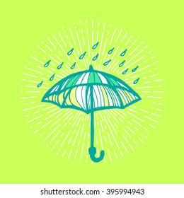 Umbrella with rain drops and sunburst. Vector illustration for flyer, banner, ad, package. Hand drawn, pen and ink