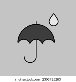 El paraguas y la lluvia descienden por icono vectorial de escala de grises. Signo de meteorología. Símbolo gráfico para viajes, turismo y meteorología sitio web y diseño de aplicaciones, logotipo, aplicación, interfaz de usuario