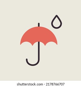 El paraguas y la lluvia caen en un icono vector. Signo de meteorología. Símbolo gráfico para viajes, turismo y meteorología sitio web y diseño de aplicaciones, logotipo, aplicación, interfaz de usuario