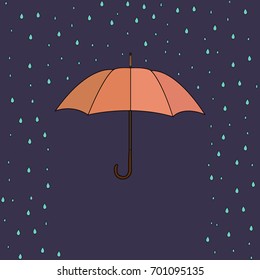 umbrella and rain drops. Vector illustration. Doodle cartoon cute autumn background. 
