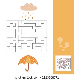 Paraguas y lluvia - laberinto fácil para niños pequeños con una solución. Juego de Maze. Página educativa para niños. Juego simple de laberinto