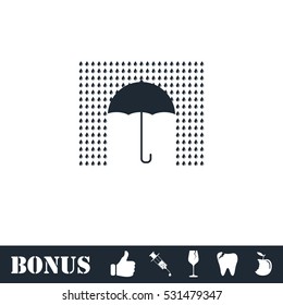 Umbrella and rain icon flat. Vector illustration symbol and bonus pictogram
