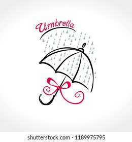 Umbrella rain. Illustration of a rain and a cute female umbrella is tied with a red gift bow. Attractive vector template for advertising or just a cute illustration.
