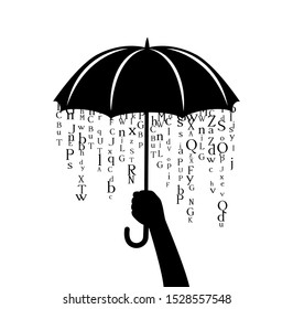 Umbrella with rain from letters. Vector decoration from scattered elements. Monochrome isolated silhouette. Conceptual illustration.