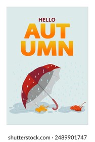 Umbrella, rain and maple leaves in a puddle. Autumn. Abstract vector template for poster, invitation, card, flyer, cover, banner, placard, brochure, social media, sale, advertising