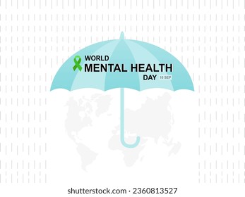 An umbrella with rain and mental health ribbon, world mental health day banner. flat vector illustration.