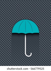 Umbrella with rain at night. Rain water drops and umbrella protect concept.