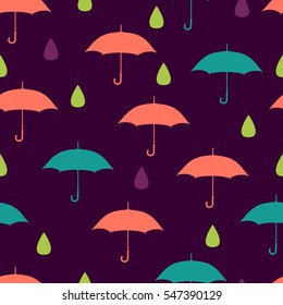 Umbrella and rain on dark violet. Vector illustration, eps10. Seamless pattern. Umbrellas and drops.