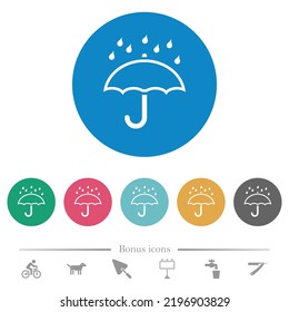 Umbrella with rain outline flat white icons on round color backgrounds. 6 bonus icons included.