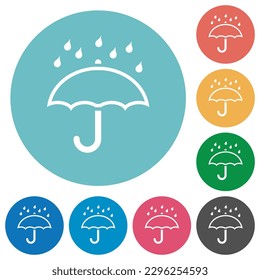 Umbrella with rain outline flat white icons on round color backgrounds