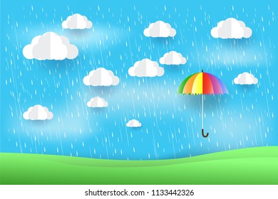 umbrella in rain, paper art style