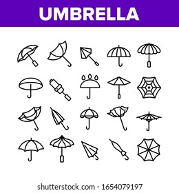 Umbrella Rain Protect Collection Icons Set Vector. Opened, Closed And Broken Umbrella, Classical Rainy Weather Protection Concept Linear Pictograms. Monochrome Contour Illustrations