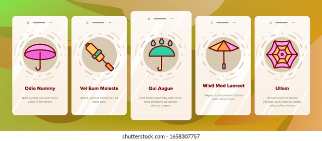 Umbrella Rain Protect Onboarding Icons Set Vector. Opened, Closed And Broken Umbrella, Classical Rainy Weather Protection Illustrations