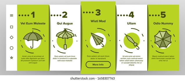 Umbrella Rain Protect Onboarding Icons Set Vector. Opened, Closed And Broken Umbrella, Classical Rainy Weather Protection Illustrations