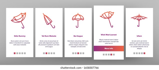 Umbrella Rain Protect Onboarding Icons Set Vector. Opened, Closed And Broken Umbrella, Classical Rainy Weather Protection Illustrations
