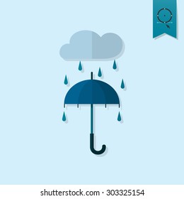 Umbrella and Rain. Single Flat Autumn Icon . Simple and Minimalistic Style. Vector
