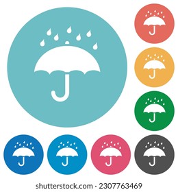 Umbrella with rain solid flat white icons on round color backgrounds