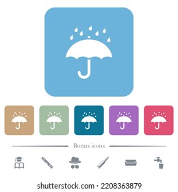 Umbrella with rain solid white flat icons on color rounded square backgrounds. 6 bonus icons included