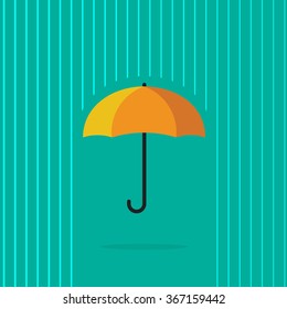 Umbrella rain vector illustration, heavy raining with abstract water lines background, autumn season, concept of insurance symbol, protection, waterproof label modern flat design isolated on green