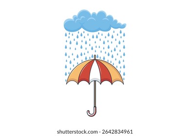Umbrella in rain with water drops, cartoon vector illustration, soft pastel background, flat design perfect for kids books, weather icons, seasonal graphics, and decoration

