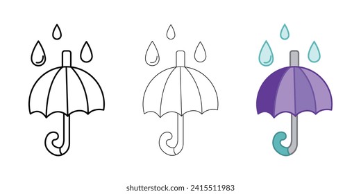 Umbrella with rain Weather Icon vector image on white background. Three icons thick, thin, colored outline. Can be used for mobile apps, web apps and print media