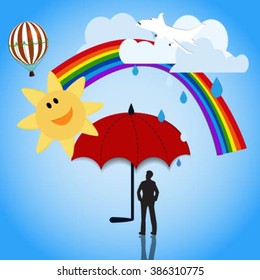 Umbrella rainbow sun and clouds in the blue sky design