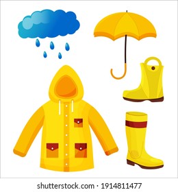 Umbrella, Raincoat, Rainboots And Rain Drops. Vector Eps 10. Flat Icons Set