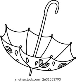 An umbrella with raindrop and rainbow motifs drawn in a clean line style. Curved handle and open canopy feature intricate details. Cartoon vector illustration.