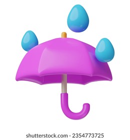 Umbrella and raindrops 3d icon. Glossy plastic monsoon and rainy weather three dimensional cartoon emoji. Vector illustration isolated on white background.