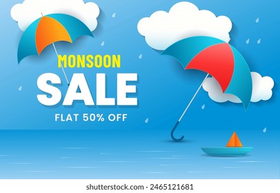 Umbrella with raindrops and lighting. Monsoon sale vector illustration