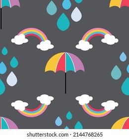 Umbrella, raindrops and rainbow winter seamless pattern design