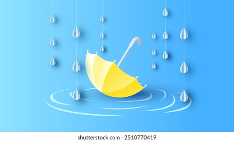 Guarda-chuva e gotas de chuva. Mockup chuvoso. corte de papel e estilo artesanal. vetor, ilustração.