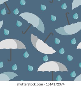 Umbrella and raindrops seamless background. Flat design artwork style - hand drawn