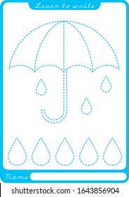 Umbrella and raindrops. Tracing. Learn to write. Preschool worksheet for practicing fine motor skills - tracing dashed lines. Tracing Worksheet.  Illustration and vector outline