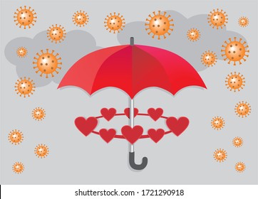 Regenschirm mit Regen Corona-Virus, verbundene Herzen sind sicher.