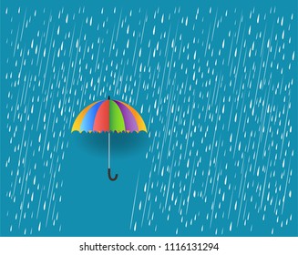 umbrella in the rain,rainy season, clouds and storm, weather nature background, vector illustration.