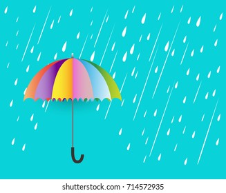 umbrella in the rain,rainy season, clouds and storm, weather nature background, vector illustration.