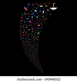 Umbrella random fireworks stream. Vector illustration style is flat bright multicolored iconic symbols on a black background. Object fountain created from scattered pictograms.