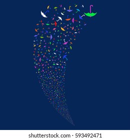Umbrella random fireworks stream. Vector illustration style is flat bright multicolored iconic symbols on a blue background. Object fountain constructed from scattered icons.