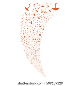 Umbrella random fireworks stream. Vector illustration style is flat orange iconic symbols on a white background. Object fountain made from scattered icons.