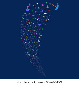 Umbrella random fireworks stream. Vector illustration style is flat bright multicolored iconic symbols on a blue background. Object fountain done from scattered pictograms.