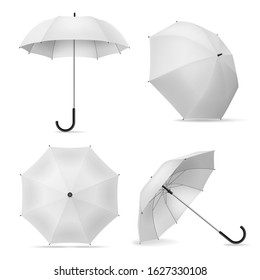 Umbrella. Realistic white open parasols various positions, top and front view rain accessories template for branding, advertise isolated vector mockup