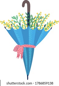 Umbrella with red ribbon garden flower springtime mood, carry parasol spring floret isolated on white, flat vector illustration. Design woodland peduncle, inflorescence blossom plant.