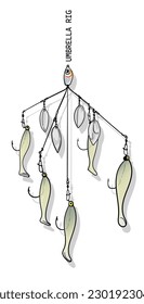 umbrella rig fishing lures vector. colorful bait fishing for big bass and pike and other predator fish.