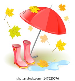 umbrella, rubber boots, autumn leaves. vector illustration