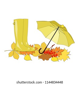 umbrella, rubber boots, fallen leaves