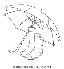 Umbrella and rubber boots. Hand drawn black and white line art illustration. doodle style coloring page art therapy for children and adults. Vector illustration