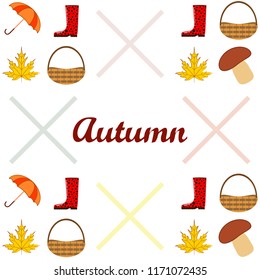 umbrella rubber boots maple leaf basket mushroom autumnal vector background